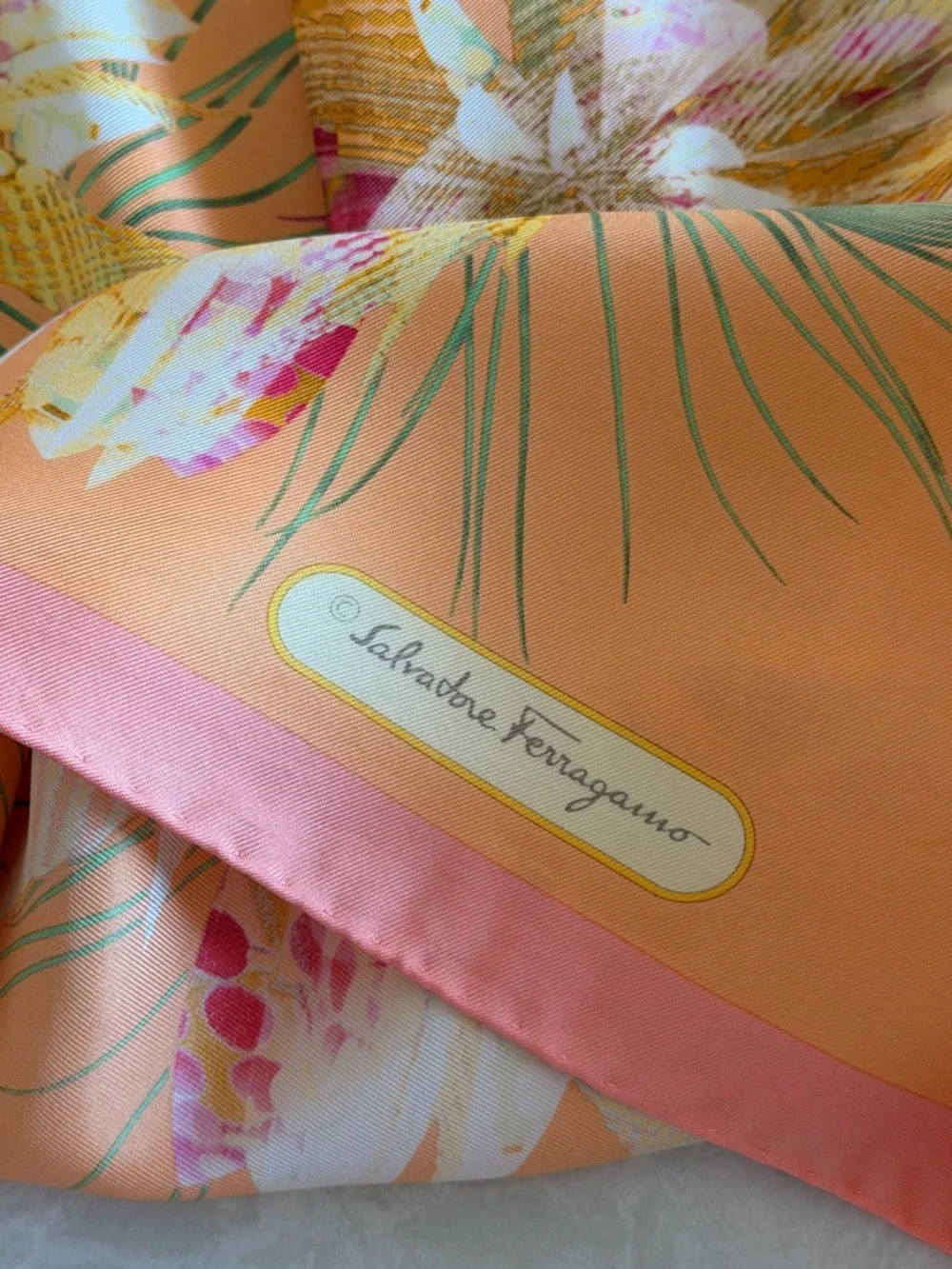 Salvatore Ferragamo Silk Scarf Orange Floral Print Square 34”